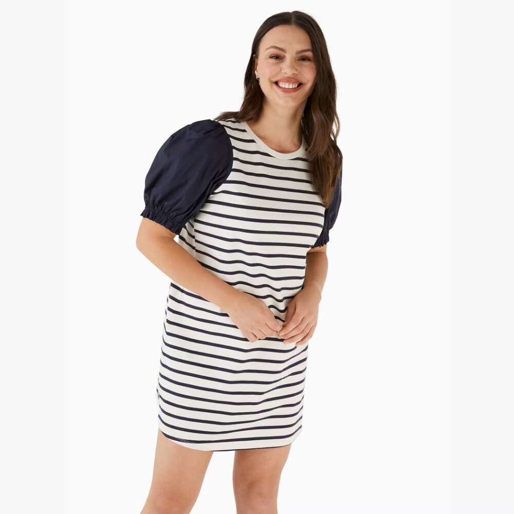 Kate Spade navy white Striped Puff Sleeve Knit Dress, Medium NWoT